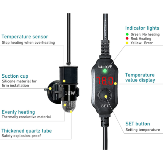 Diving aquarium heater, external temperature controller